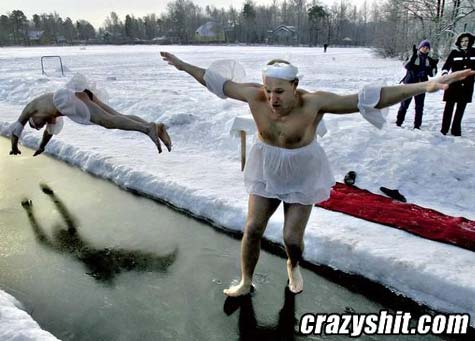 Russians Playing In Ice Water