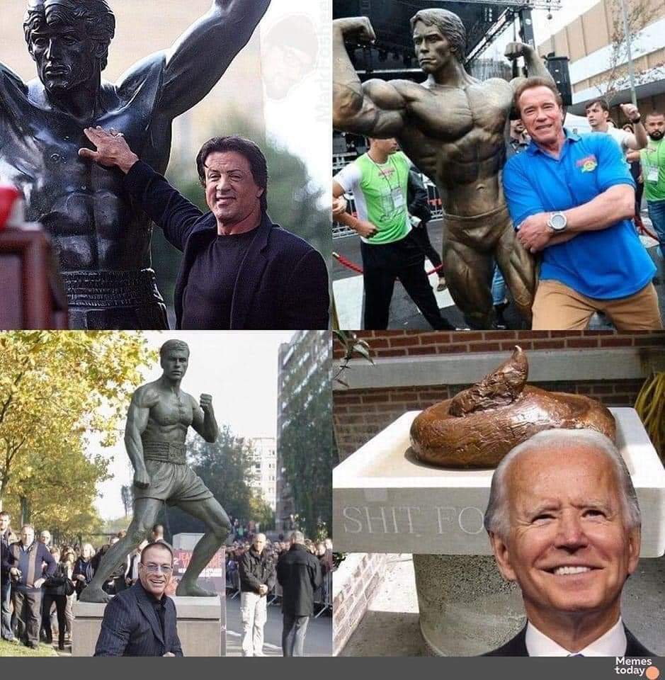 All are pictured with statues of themselves.