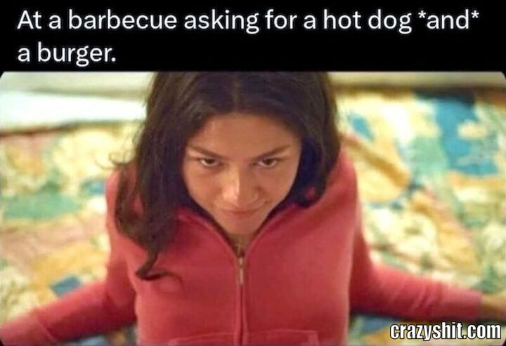 akinging for a hotdog and a burger