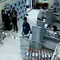 Security guard falls of fence in supermarket during earthquake