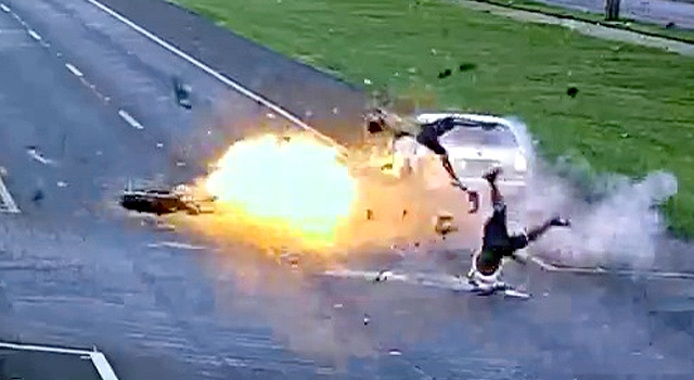 BOOM: MOTORCYCLE EXPLODES ON IMPACT WITH CAR