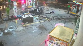 Out of control car finds a gas station