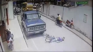 Guy on bicycle meets bus