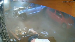 People eating outside are crushed by a car