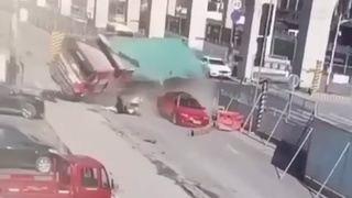 A truck hits a car and then crushes some people