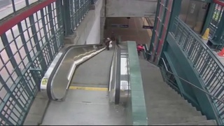 An old lady is helped down the stairs