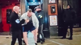 Watch chubby chops in the background get knocked to the floor and loses his "chicken &chips dinner"